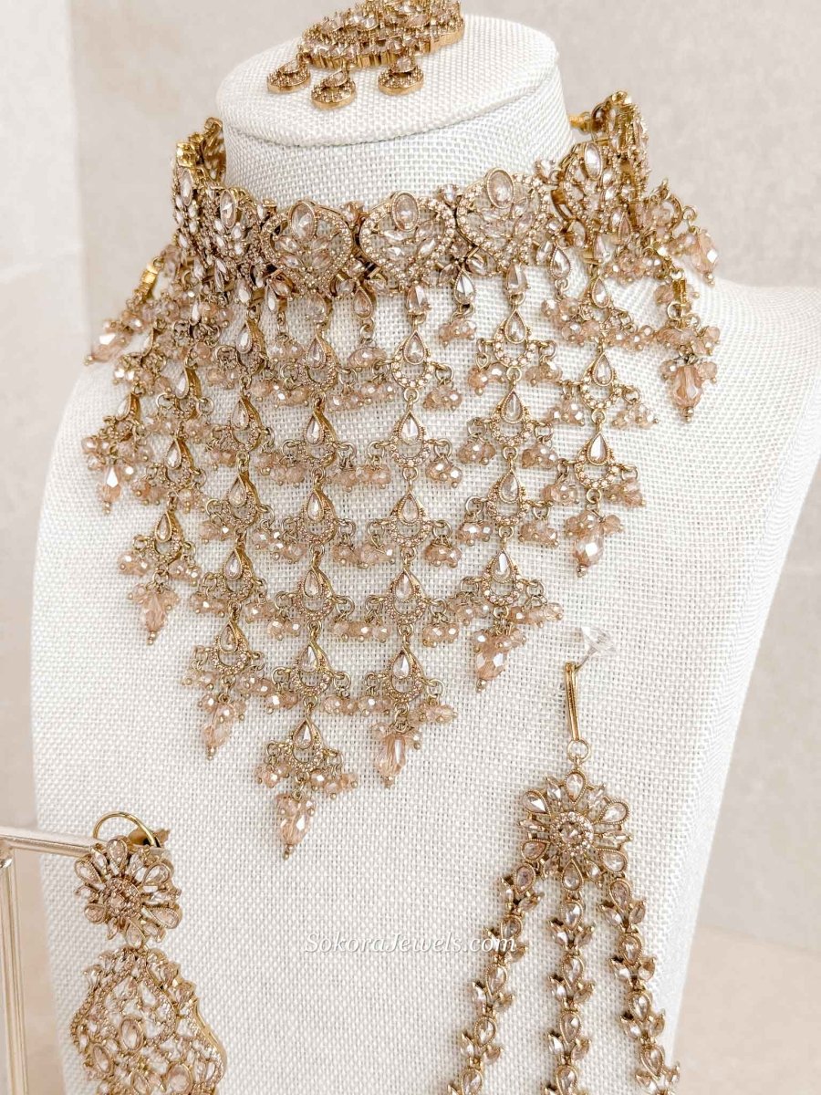 Statement American Diamond Tassel Bridal Choker Set with Golden Beads - SOKORA JEWELSStatement American Diamond Tassel Bridal Choker Set with Golden BeadsNECKLACE SETS