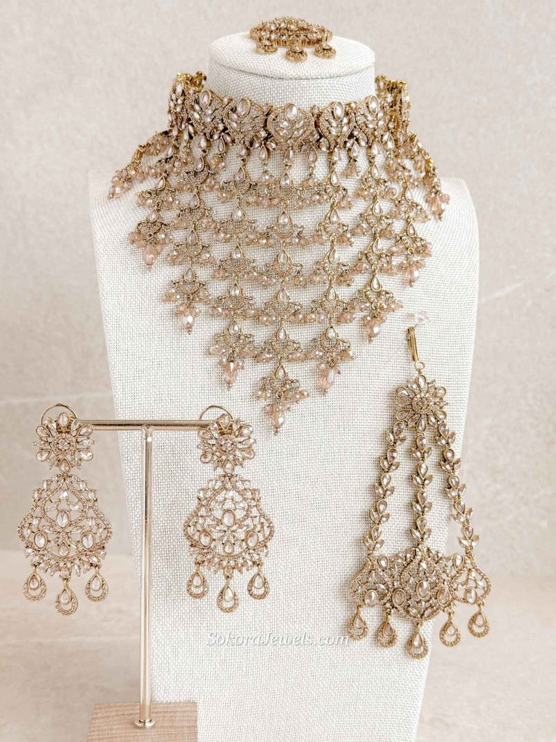 Statement American Diamond Tassel Bridal Choker Set with Golden Beads - SOKORA JEWELSStatement American Diamond Tassel Bridal Choker Set with Golden BeadsNECKLACE SETS