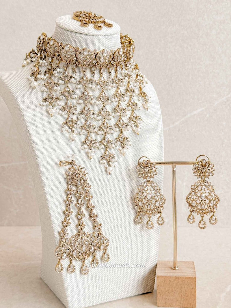 Statement American Diamond Tassel Bridal Choker Set with Pearls - SOKORA JEWELSStatement American Diamond Tassel Bridal Choker Set with PearlsNECKLACE SETS