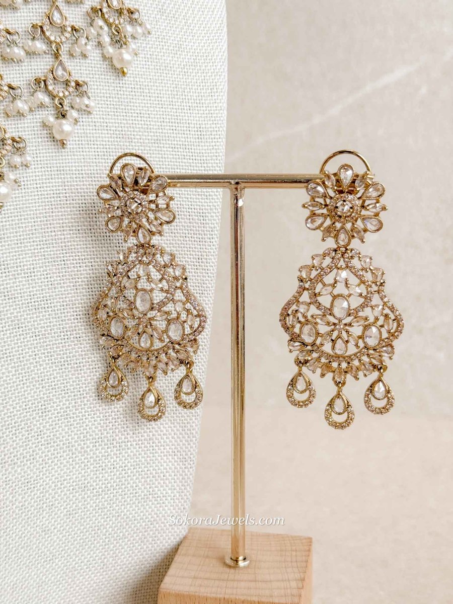 Statement American Diamond Tassel Bridal Choker Set with Pearls - SOKORA JEWELSStatement American Diamond Tassel Bridal Choker Set with PearlsNECKLACE SETS