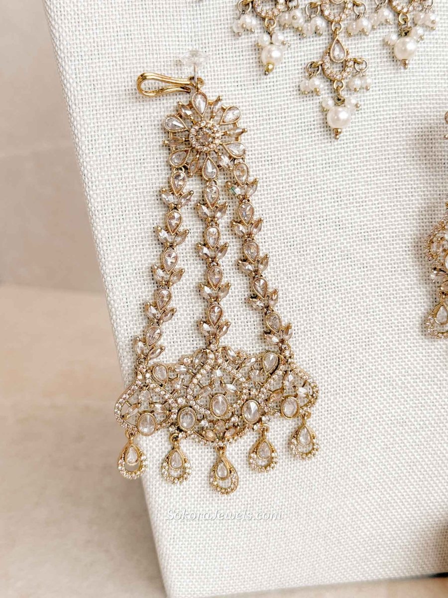 Statement American Diamond Tassel Bridal Choker Set with Pearls - SOKORA JEWELSStatement American Diamond Tassel Bridal Choker Set with PearlsNECKLACE SETS