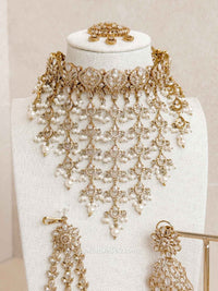 Statement American Diamond Tassel Bridal Choker Set with Pearls - SOKORA JEWELSStatement American Diamond Tassel Bridal Choker Set with PearlsNECKLACE SETS