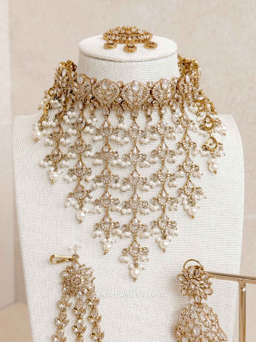 Statement American Diamond Tassel Bridal Choker Set with Pearls - SOKORA JEWELSStatement American Diamond Tassel Bridal Choker Set with PearlsNECKLACE SETS