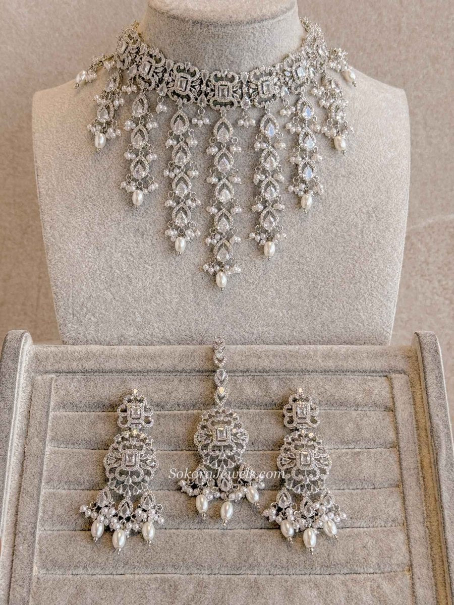 Statement American Diamond Tassel Choker Set (Gold or Silver Finish) - SOKORA JEWELSStatement American Diamond Tassel Choker Set (Gold or Silver Finish)NECKLACE SETS
