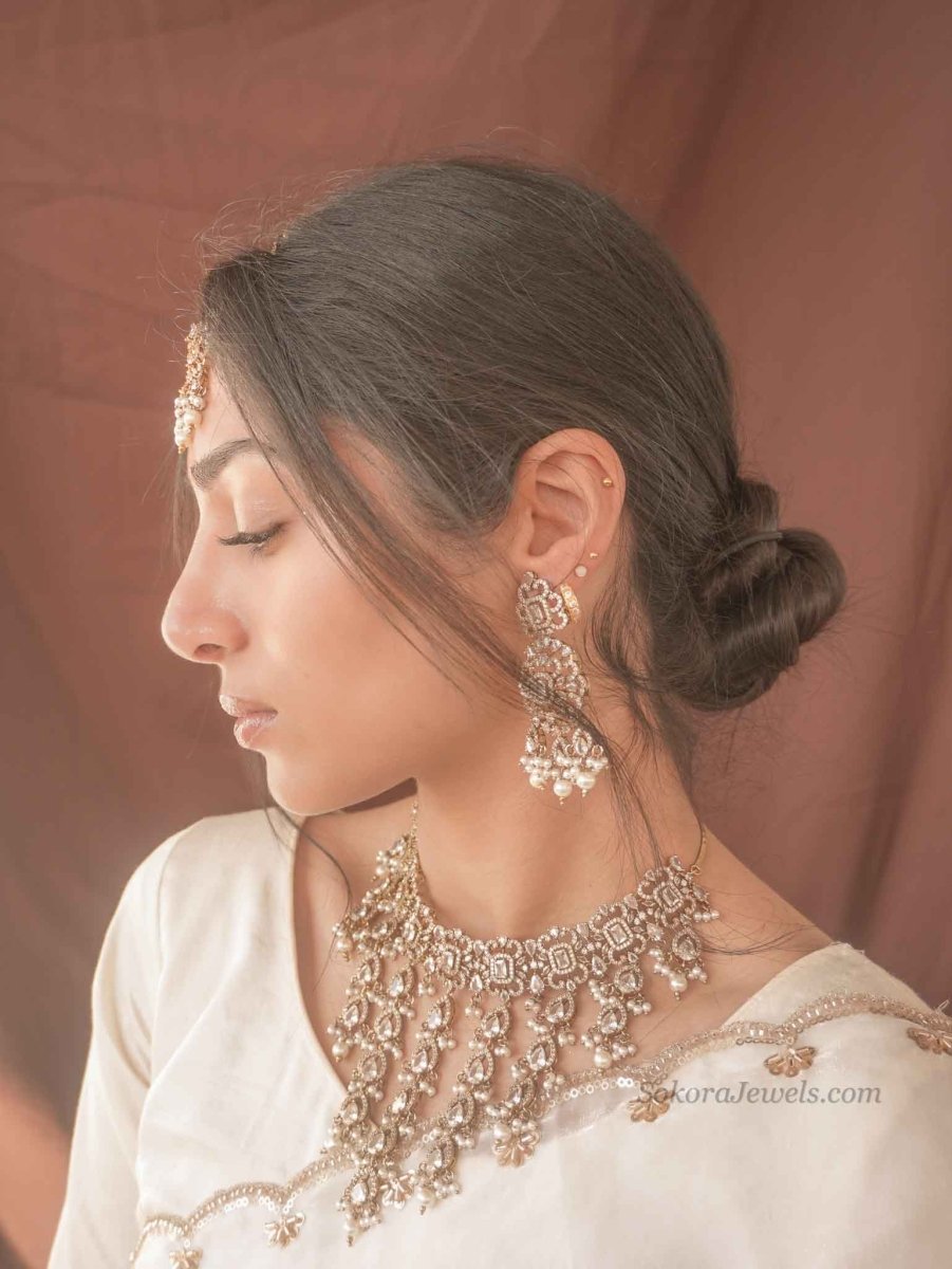 Statement American Diamond Tassel Choker Set (Gold or Silver Finish) - SOKORA JEWELSStatement American Diamond Tassel Choker Set (Gold or Silver Finish)NECKLACE SETS