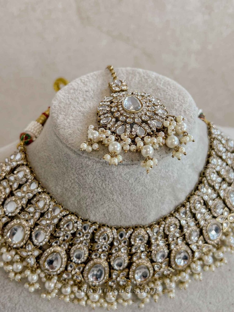 Statement Antique Gold & Pearl Faux Kundan Set - SOKORA JEWELSStatement Antique Gold & Pearl Faux Kundan SetNECKLACE SETS