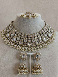 Statement Antique Gold & Pearl Faux Kundan Set - SOKORA JEWELSStatement Antique Gold & Pearl Faux Kundan SetNECKLACE SETS