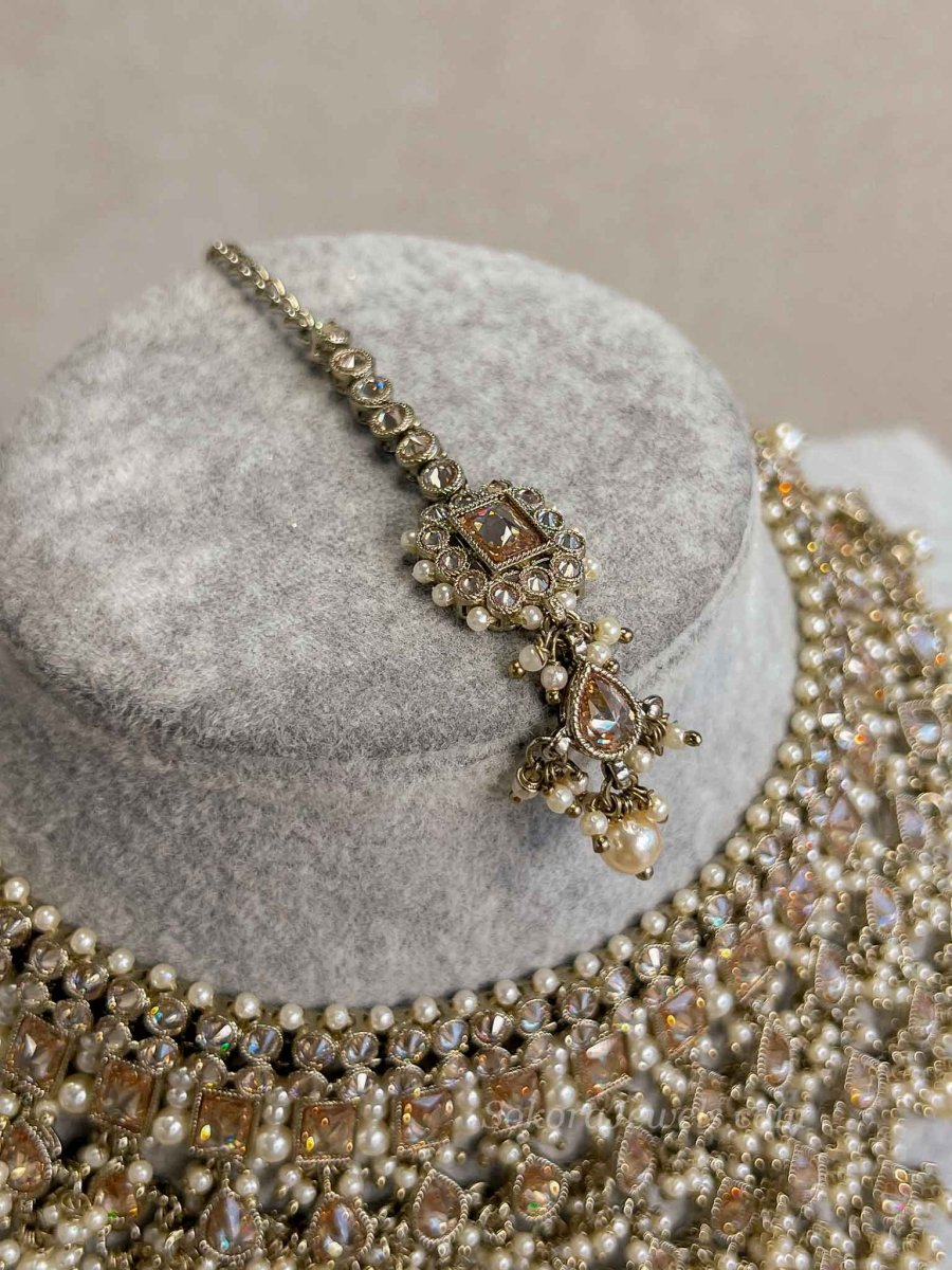 Statement Antique Gold Tassel Choker Set with Jhumka Earrings - SOKORA JEWELSStatement Antique Gold Tassel Choker Set with Jhumka EarringsNECKLACE SETS