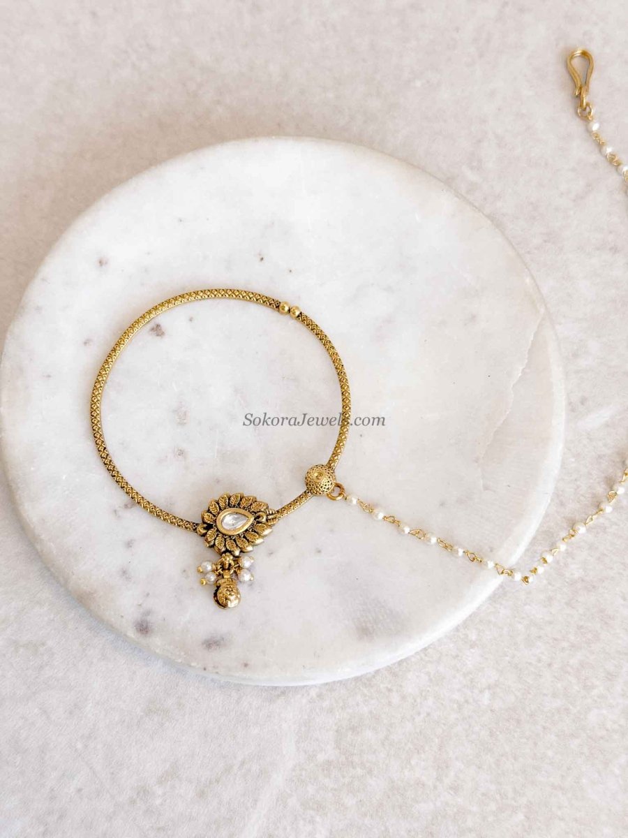 Statement Kundan Pearl Bridal Nath with Chain - SOKORA JEWELSStatement Kundan Pearl Bridal Nath with Chain