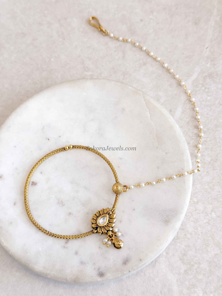 Statement Kundan Pearl Bridal Nath with Chain - SOKORA JEWELSStatement Kundan Pearl Bridal Nath with Chain