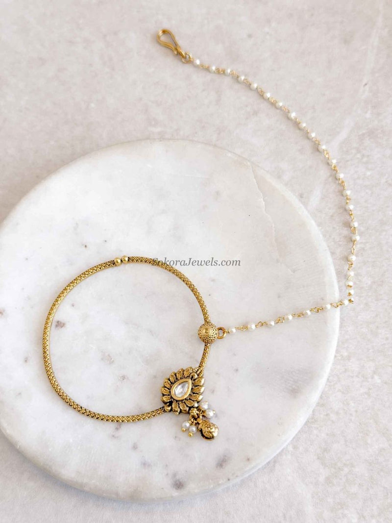 Statement Kundan Pearl Bridal Nath with Chain - SOKORA JEWELSStatement Kundan Pearl Bridal Nath with Chain