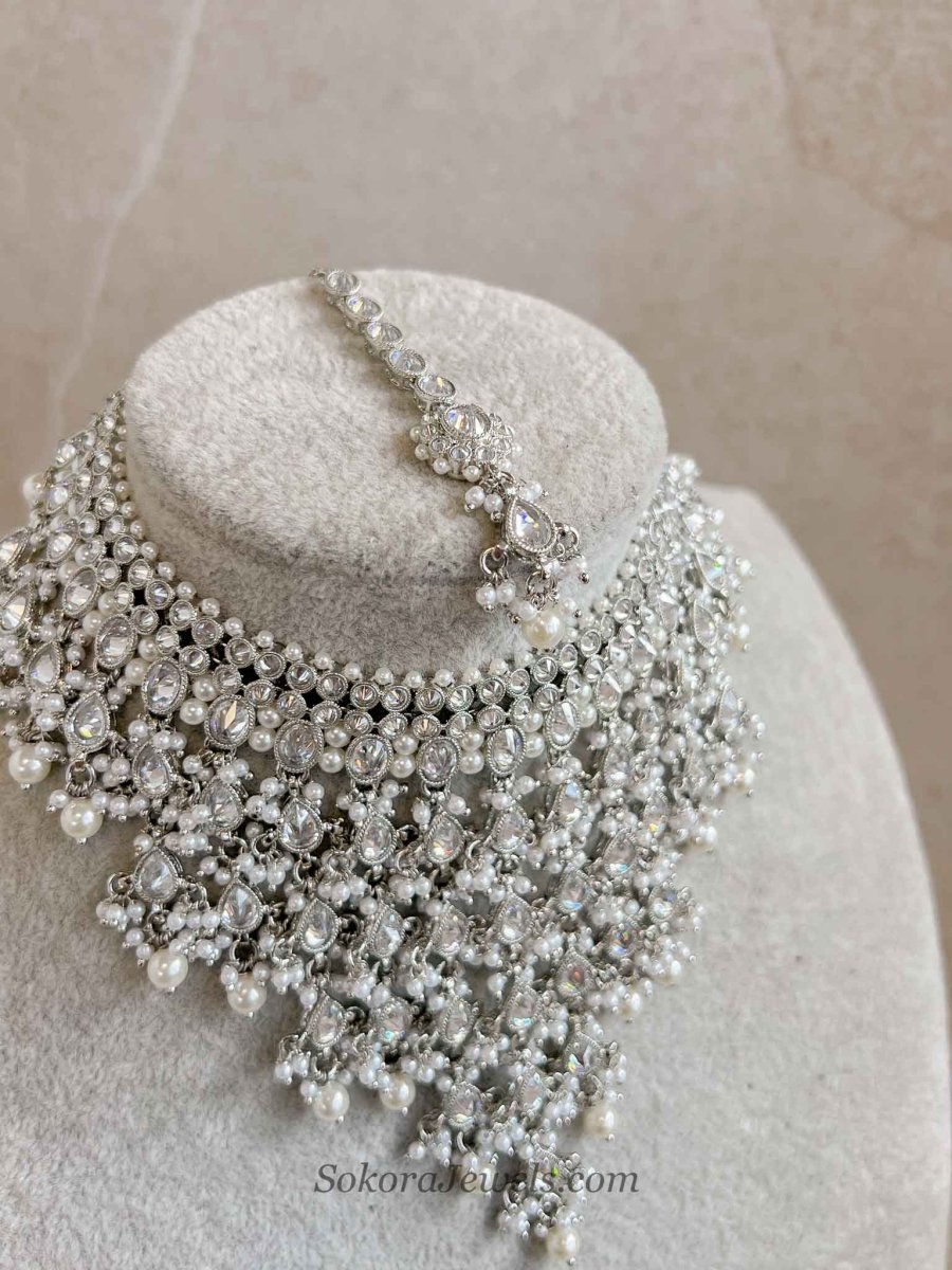 Statement Silver Tassel Choker Set with Jhumka Earrings - SOKORA JEWELSStatement Silver Tassel Choker Set with Jhumka EarringsNECKLACE SETS