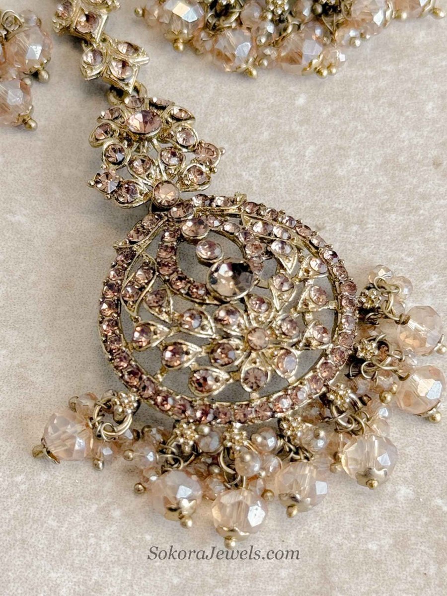 Subarna Golden Beaded Earrings & Tikka Set - SOKORA JEWELSSubarna Golden Beaded Earrings & Tikka Set