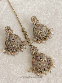 Subarna Golden Beaded Earrings & Tikka Set - SOKORA JEWELSSubarna Golden Beaded Earrings & Tikka Set