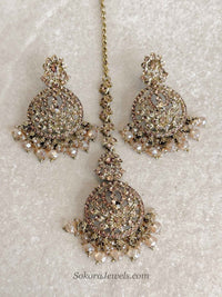 Subarna Golden Beaded Earrings & Tikka Set - SOKORA JEWELSSubarna Golden Beaded Earrings & Tikka Set