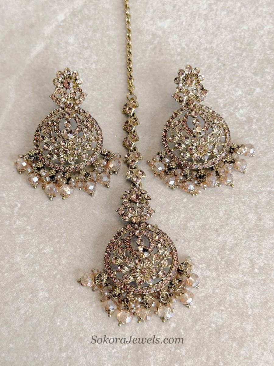 Subarna Golden Beaded Earrings & Tikka Set - SOKORA JEWELSSubarna Golden Beaded Earrings & Tikka Set
