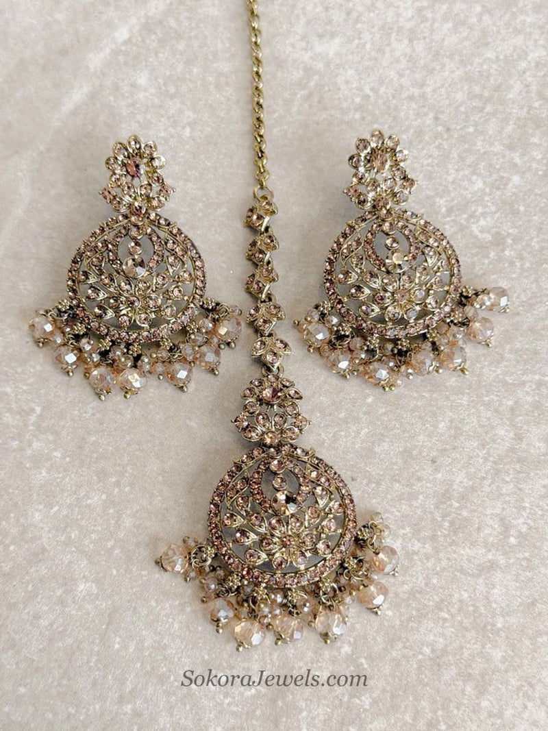 Subarna Golden Beaded Earrings & Tikka Set - SOKORA JEWELSSubarna Golden Beaded Earrings & Tikka Set