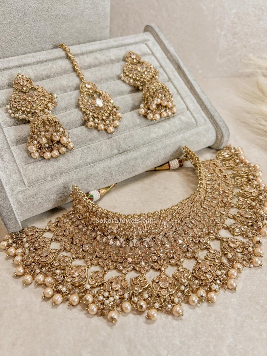 Sukhi Golden Crystal Bridal Necklace Set – SOKORA JEWELS