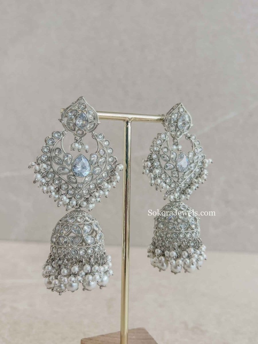 Sukhi Long Jhumka Earrings - Silver - SOKORA JEWELSSukhi Long Jhumka Earrings - Silver