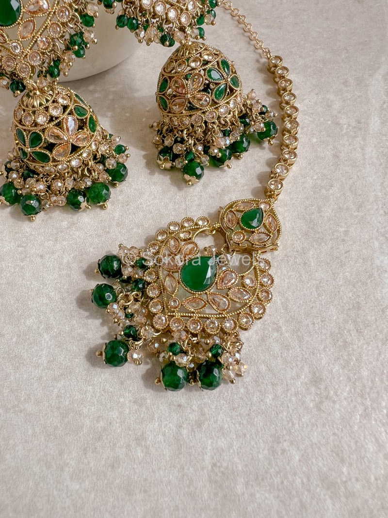 Sukhi Long Jhumka & Tikka set - Green - SOKORA JEWELSSukhi Long Jhumka & Tikka set - Green