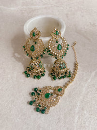 Sukhi Long Jhumka & Tikka set - Green - SOKORA JEWELSSukhi Long Jhumka & Tikka set - Green