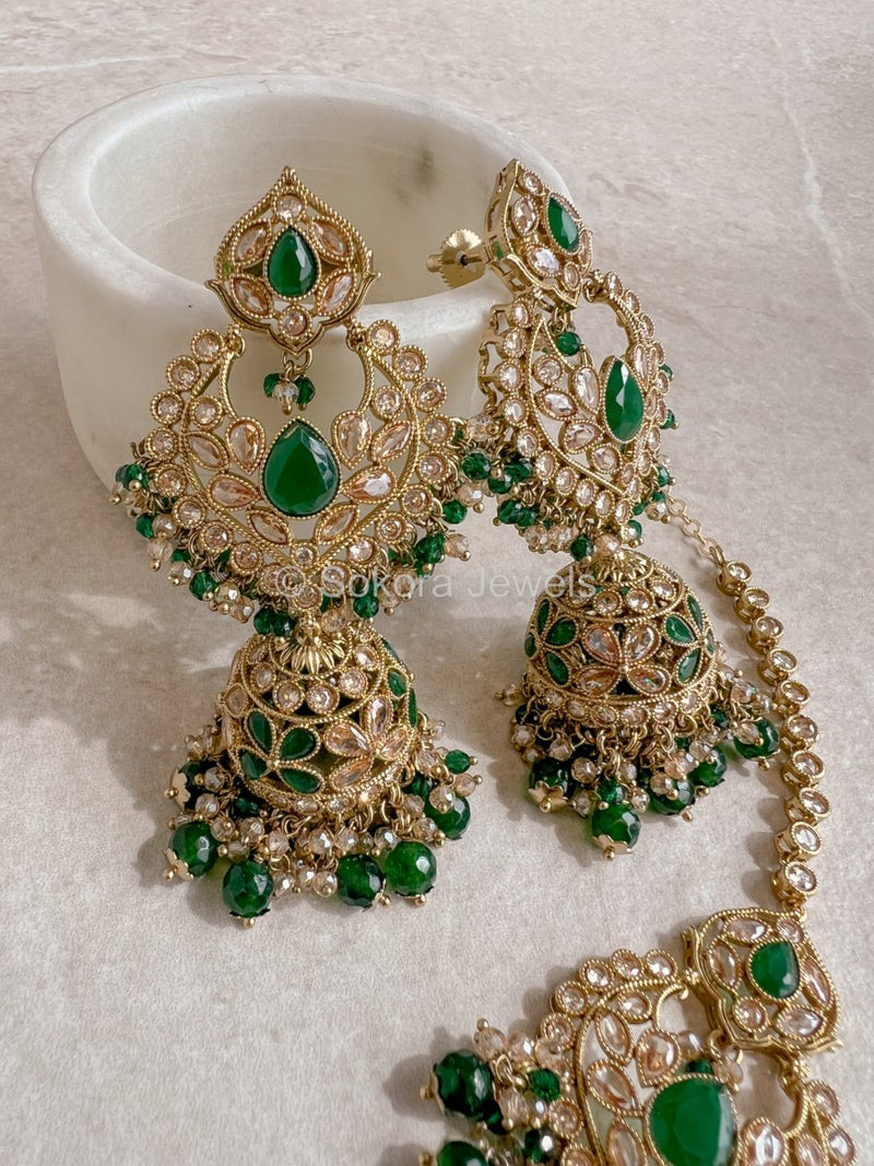 Sukhi Long Jhumka & Tikka set - Green - SOKORA JEWELSSukhi Long Jhumka & Tikka set - Green