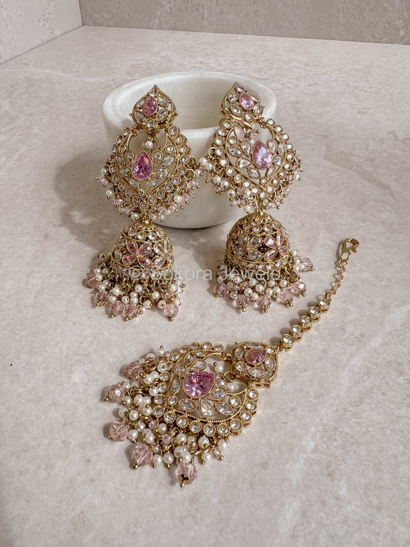 Sukhi Long Jhumka & Tikka set - Light Pink - SOKORA JEWELSSukhi Long Jhumka & Tikka set - Light Pink