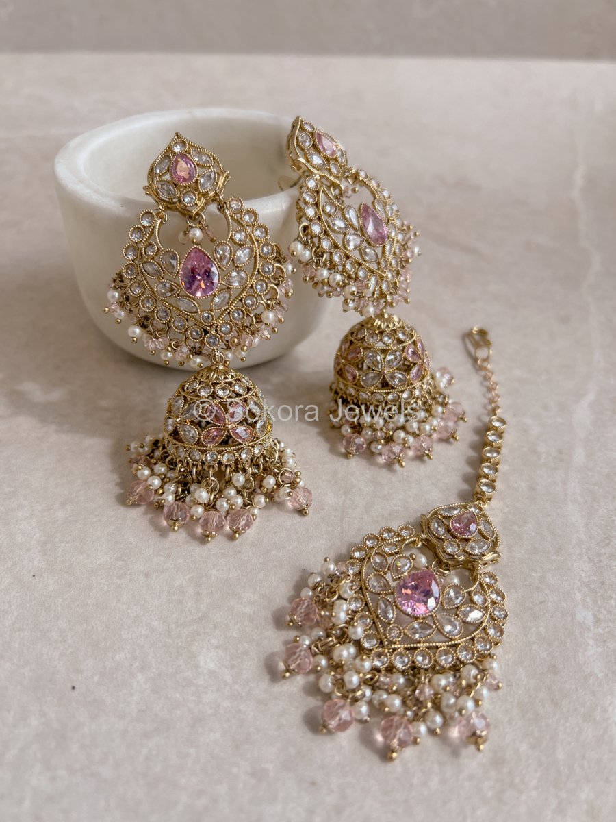 Sukhi Long Jhumka & Tikka set - Light Pink - SOKORA JEWELSSukhi Long Jhumka & Tikka set - Light Pink