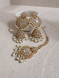 Sukhi Long Jhumka & Tikka set - Pearl - SOKORA JEWELSSukhi Long Jhumka & Tikka set - Pearl