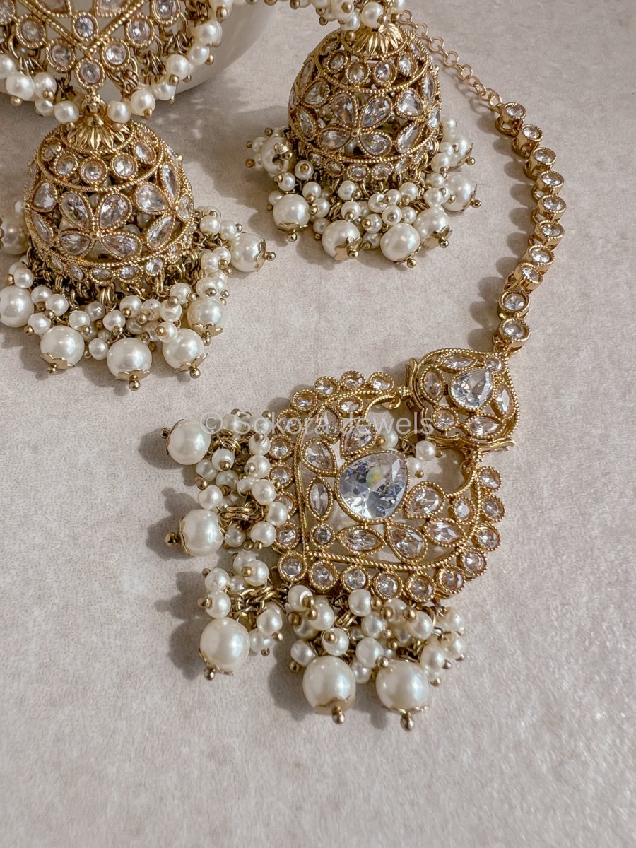 Sukhi Long Jhumka & Tikka set - Pearl - SOKORA JEWELSSukhi Long Jhumka & Tikka set - Pearl