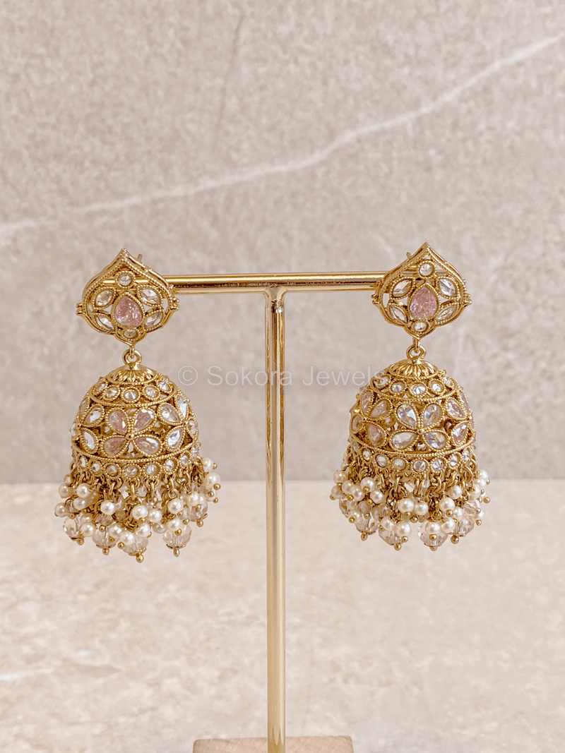 Sukhi Small Pink Crystal Jhumka Earrings - SOKORA JEWELSSukhi Small Pink Crystal Jhumka Earrings