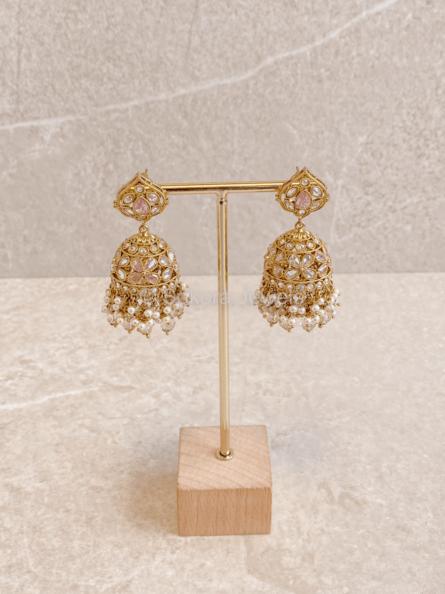 Sukhi Small Pink Crystal Jhumka Earrings - SOKORA JEWELSSukhi Small Pink Crystal Jhumka Earrings