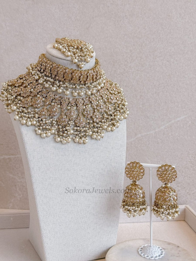 Sumaira Bridal Necklace and Earring Set - Pearl - SOKORA JEWELSSumaira Bridal Necklace and Earring Set - Pearl