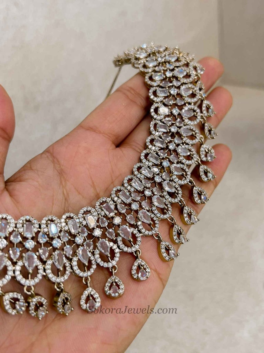 Suman Antique Gold American Diamond Set - SOKORA JEWELSSuman Antique Gold American Diamond SetNECKLACE SETS