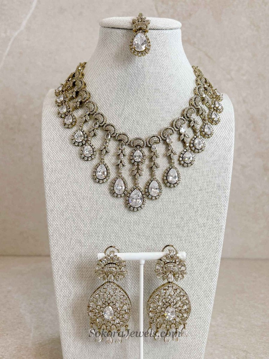 Suneeta Bridal American Diamond Set – Antique Gold Base - SOKORA JEWELSSuneeta Bridal American Diamond Set – Antique Gold BaseNECKLACE SETS