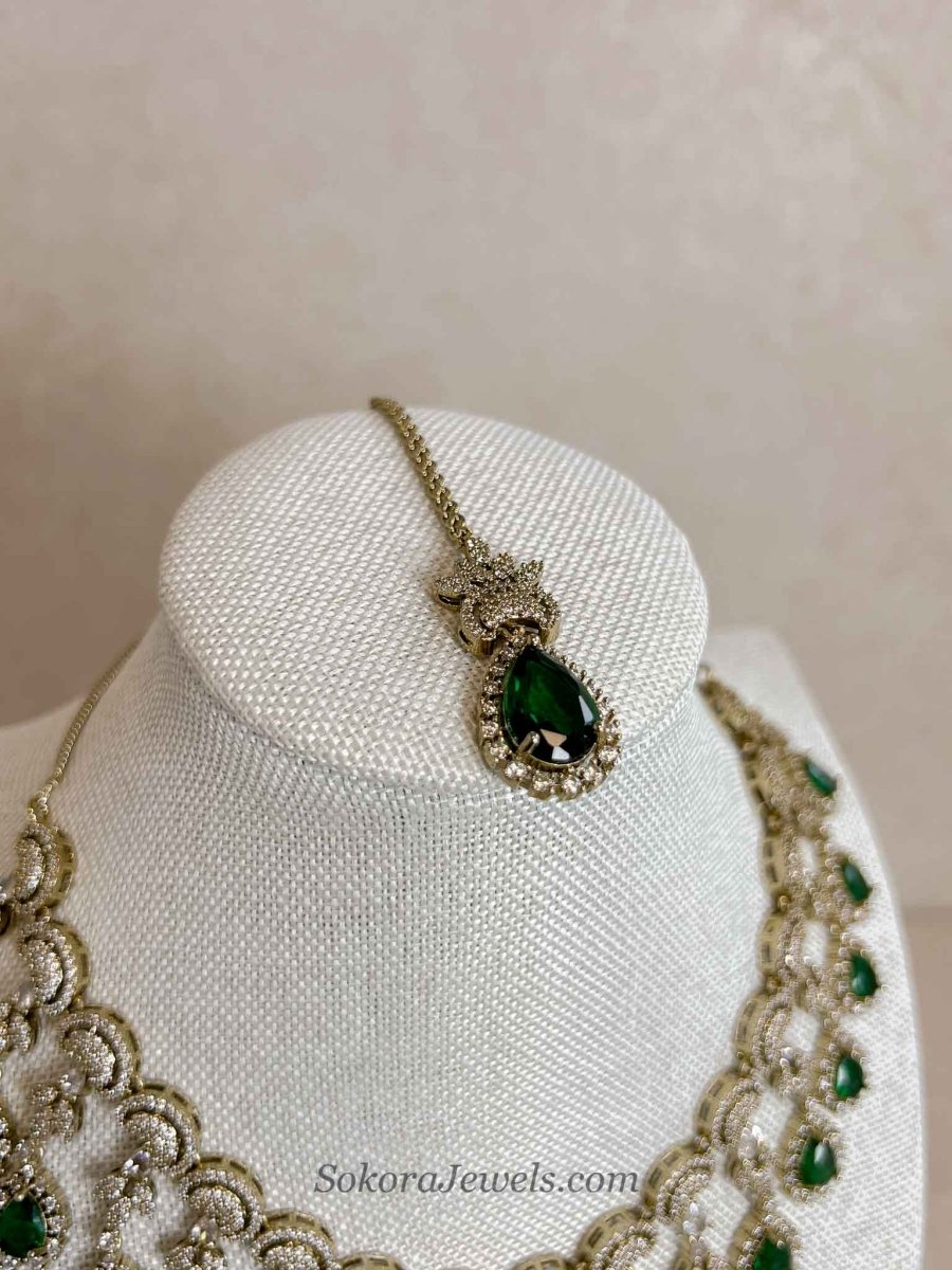Suneeta Bridal American Diamond Set – Antique Gold Base - SOKORA JEWELSSuneeta Bridal American Diamond Set – Antique Gold BaseNECKLACE SETS