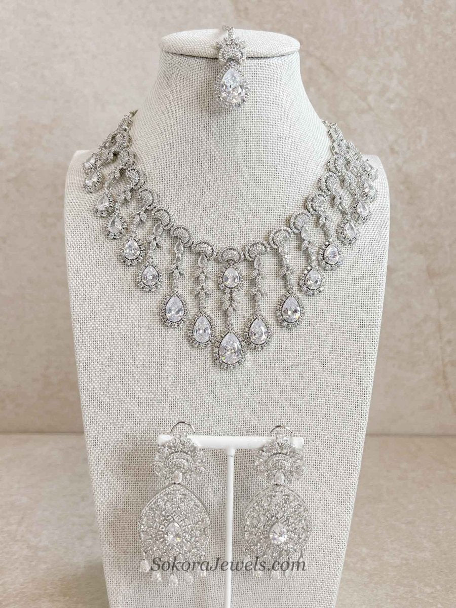Suneeta Bridal American Diamond Set – Silver Base - SOKORA JEWELSSuneeta Bridal American Diamond Set – Silver BaseNECKLACE SETS