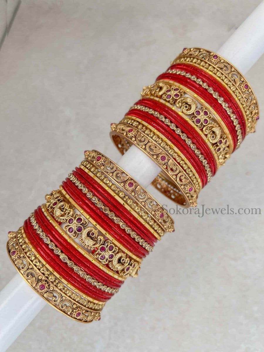 Swan Motif Ruby & Green Bangle set - SOKORA JEWELSSwan Motif Ruby & Green Bangle setBANGLES