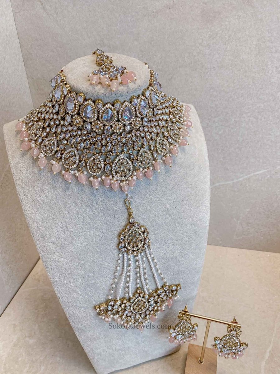 Tahia Bridal Double Choker and Necklace Set - Light Pink - SOKORA JEWELSTahia Bridal Double Choker and Necklace Set - Light Pink