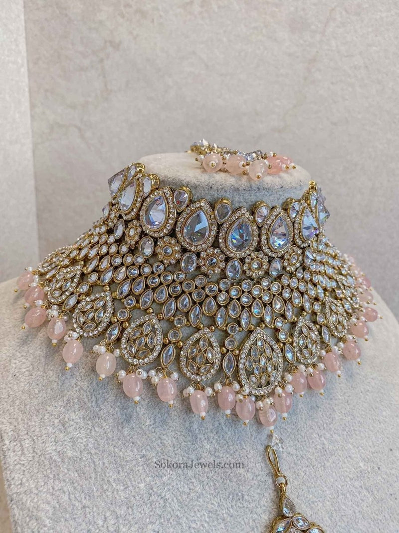 Tahia Bridal Double Choker and Necklace Set - Light Pink - SOKORA JEWELSTahia Bridal Double Choker and Necklace Set - Light Pink