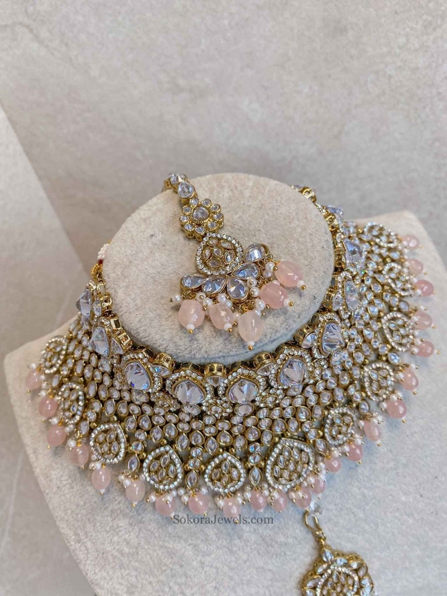 Tahia Bridal Double Choker and Necklace Set - Light Pink - SOKORA JEWELSTahia Bridal Double Choker and Necklace Set - Light Pink