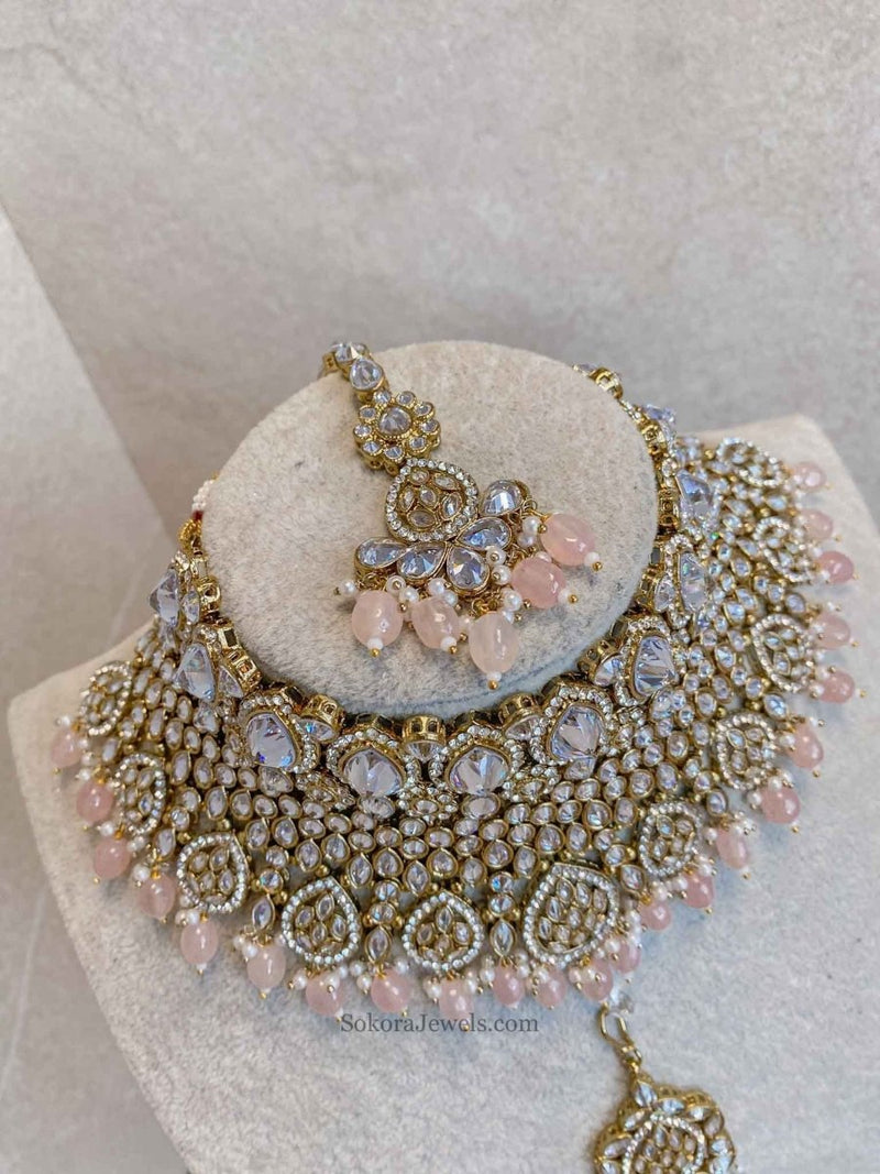 Tahia Bridal Double Choker and Necklace Set - Light Pink - SOKORA JEWELSTahia Bridal Double Choker and Necklace Set - Light Pink