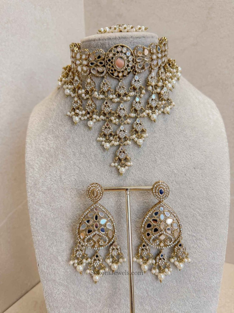 Tasselled Mirrored Choker Set - Pearl - SOKORA JEWELSTasselled Mirrored Choker Set - Pearl