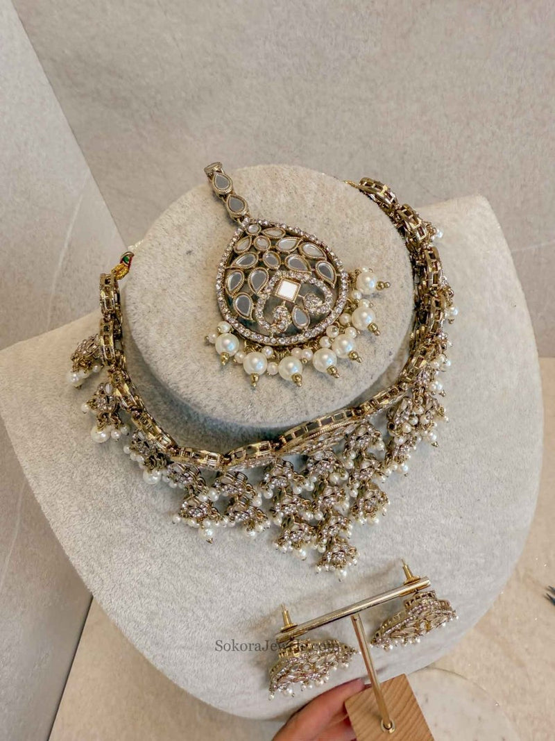 Tasselled Mirrored Choker Set - Pearl - SOKORA JEWELSTasselled Mirrored Choker Set - Pearl