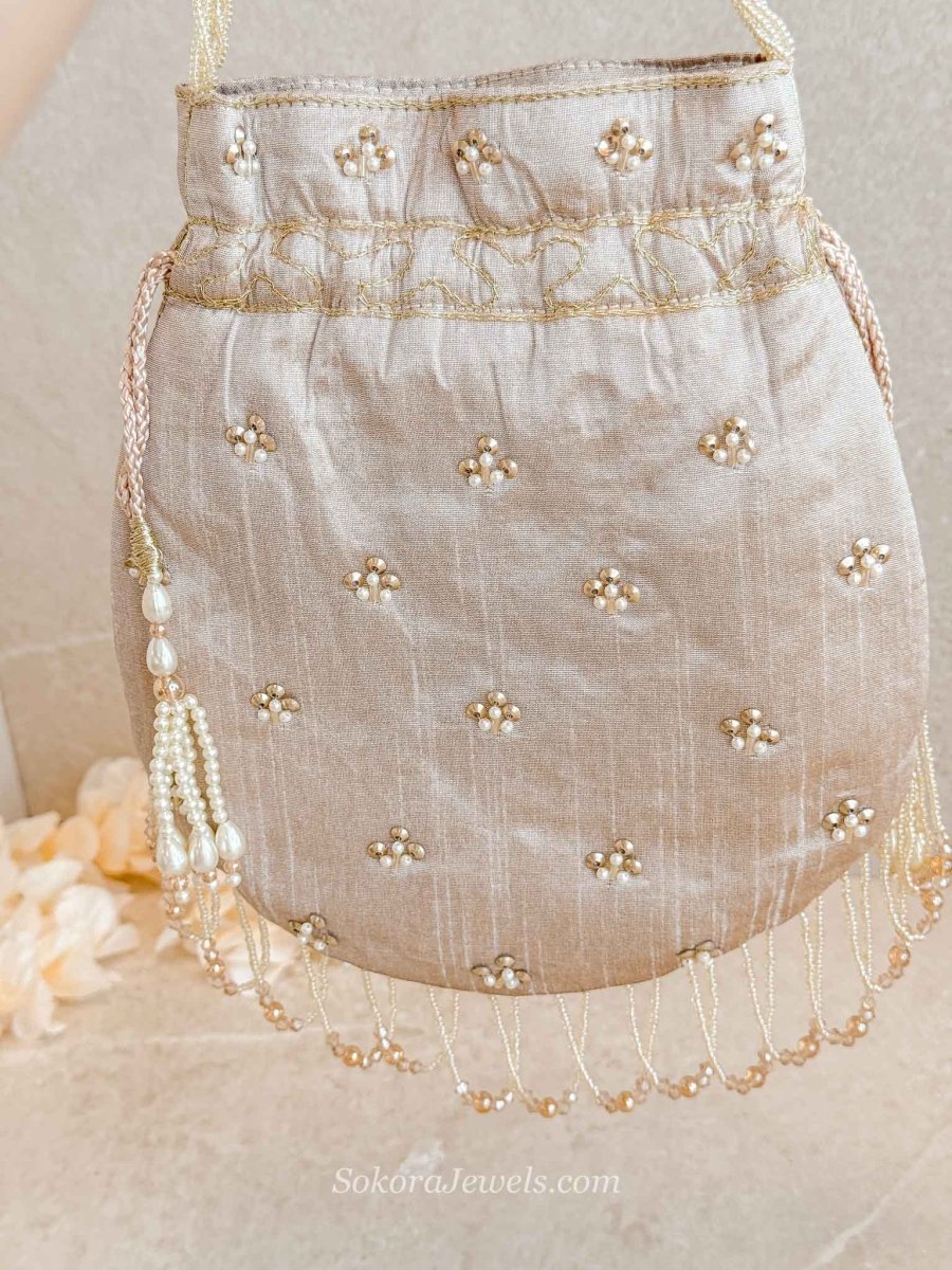 Tasselled Potli Bag - Beige - SOKORA JEWELSTasselled Potli Bag - Beige