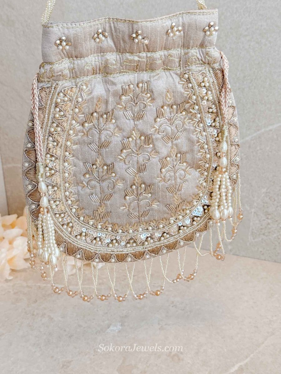Tasselled Potli Bag - Beige - SOKORA JEWELSTasselled Potli Bag - Beige