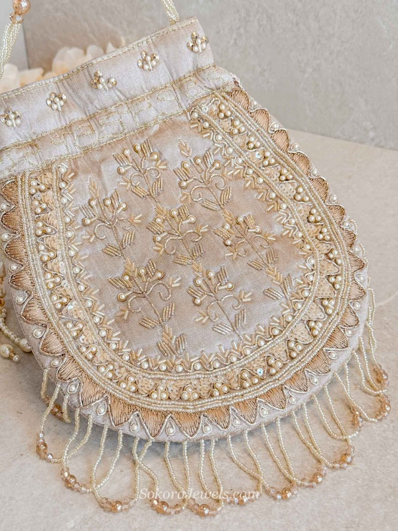 Tasselled Potli Bag - Beige - SOKORA JEWELSTasselled Potli Bag - Beige
