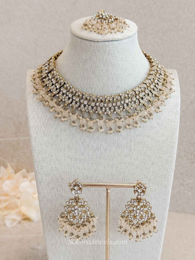 Teah Clear Crystal & Antique Gold Necklace sets - SOKORA JEWELSTeah Clear Crystal & Antique Gold Necklace sets