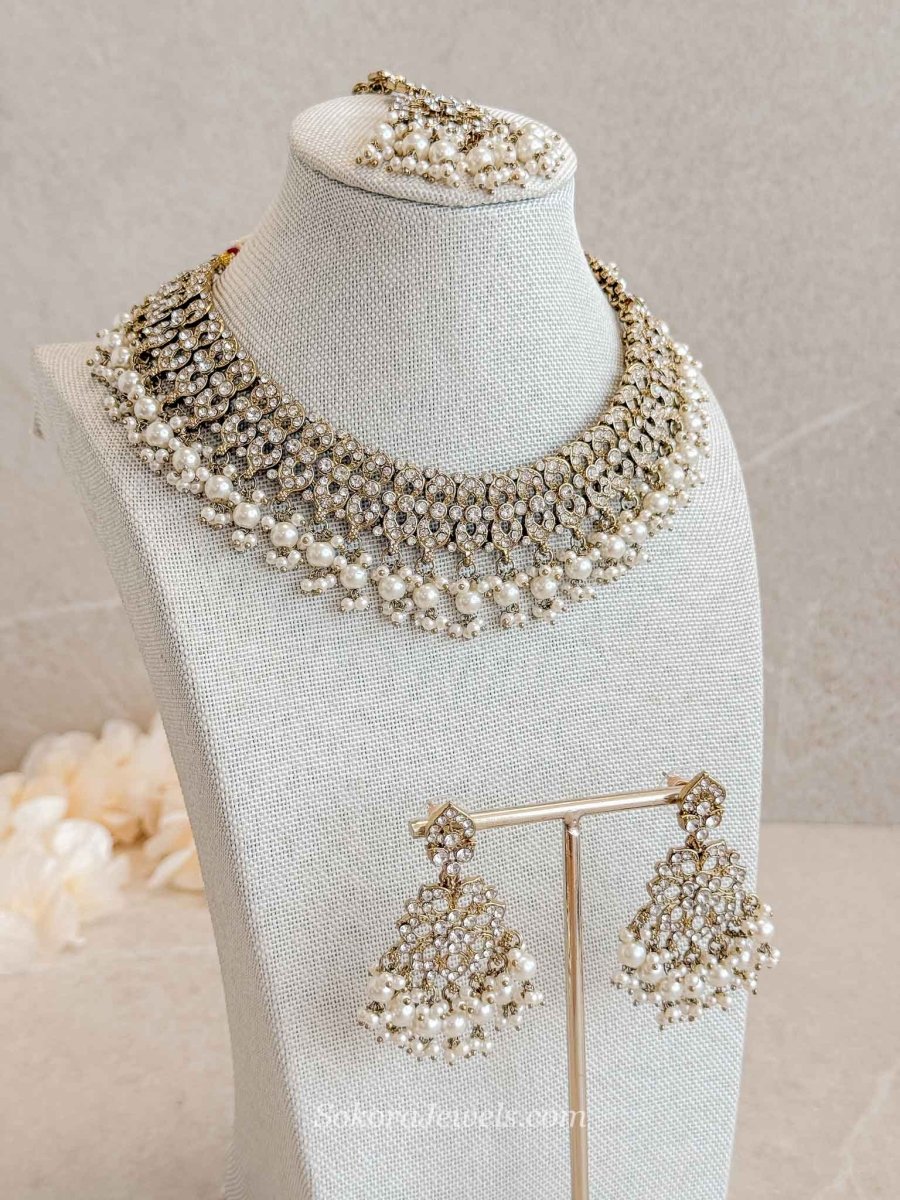Teah Clear Crystal & Antique Gold Necklace sets - SOKORA JEWELSTeah Clear Crystal & Antique Gold Necklace sets