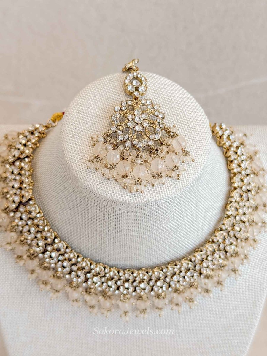 Teah Clear Crystal & Antique Gold Necklace sets - SOKORA JEWELSTeah Clear Crystal & Antique Gold Necklace sets